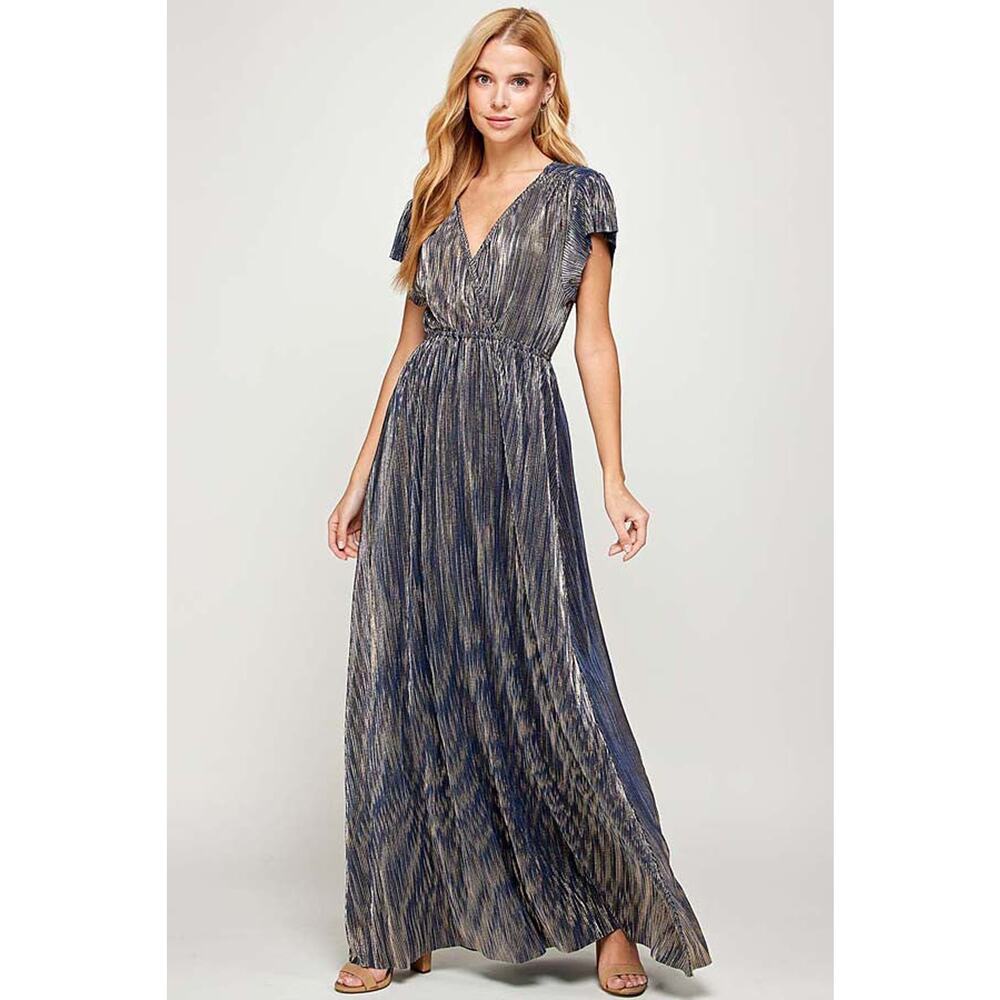 Ladies Medium Holiday Maxi Dress Navy Blue Gold Shimmer V-Neck 62 inch